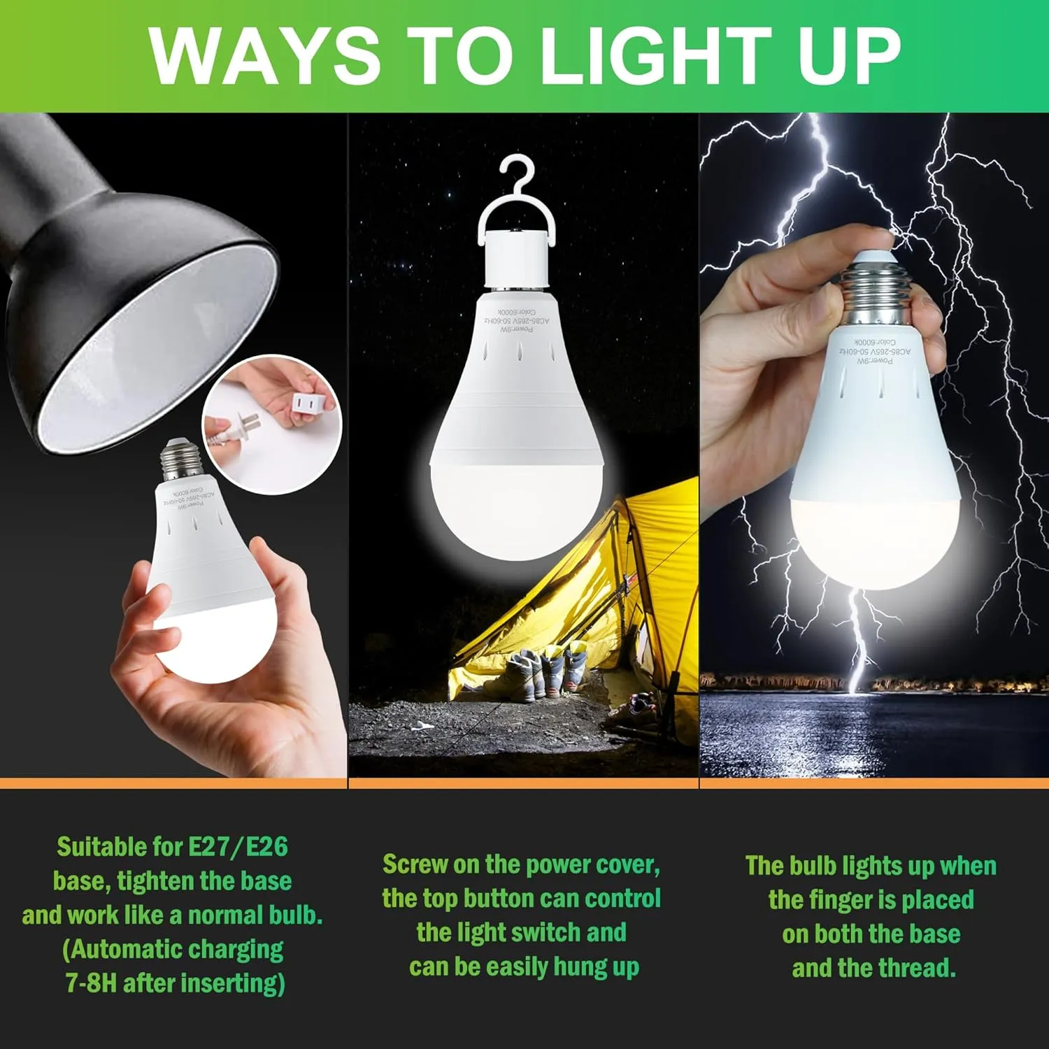 6 Pack Rechargeable Emergency Light Bulbs, Battery Powered LED Light Bulb 6000K Daylight E26 120 Volt 9W 60W Equivalent with 1200mAh for Home Power Outage Camping Hurricane