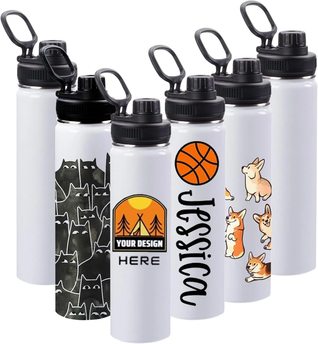 6 Pack Sublimation Water Bottle Blanks, 24oz Personalized Insulated Water Bottles Bulk with Handle & Spout Lid, Stainless Steel, Leak Proof DIY Gift for Teacher Nurse Sports Travel Gym Hiking, White