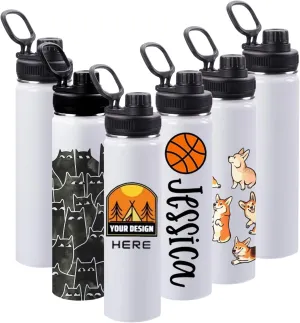 6 Pack Sublimation Water Bottle Blanks, 24oz Personalized Insulated Water Bottles Bulk with Handle & Spout Lid, Stainless Steel, Leak Proof DIY Gift for Teacher Nurse Sports Travel Gym Hiking, White