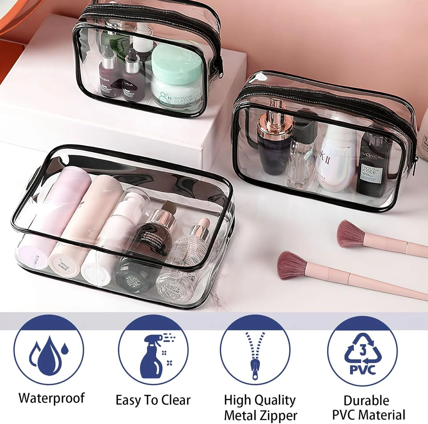 6 Pieces Clear Cosmetics Bag Bulk, TSA Approved Toiletry Bag for Travel, PVC Zippered Clear Pouch Cosmetic Makeup Bag Waterproof Vinyl Plastic Organizer Case for Vacation Bathroom (Large)