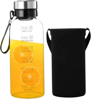 64 OZ Glass Water Bottle,Resuable Borosilicate Wide Mouth Glass Drinking Bottles with Time Marker,2L Clear Filter Leakproof Dishwasher Safe Water with Lanyard for Home,Office,Sports
