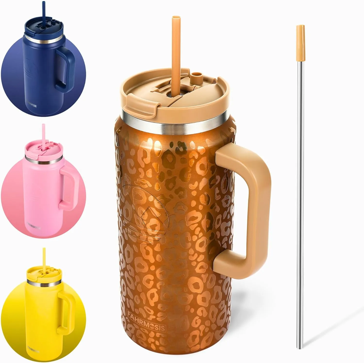 64 Oz Tumbler with Handle and Straw Half Gallon Water Bottle Stainless Steel Travel Mug for Hot & Cold Drinks, Reusable Water Bottle with Lids and Straw - Gold Leopard