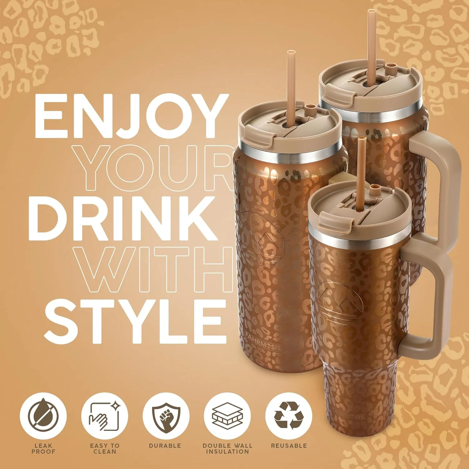 64 Oz Tumbler with Handle and Straw Half Gallon Water Bottle Stainless Steel Travel Mug for Hot & Cold Drinks, Reusable Water Bottle with Lids and Straw - Gold Leopard
