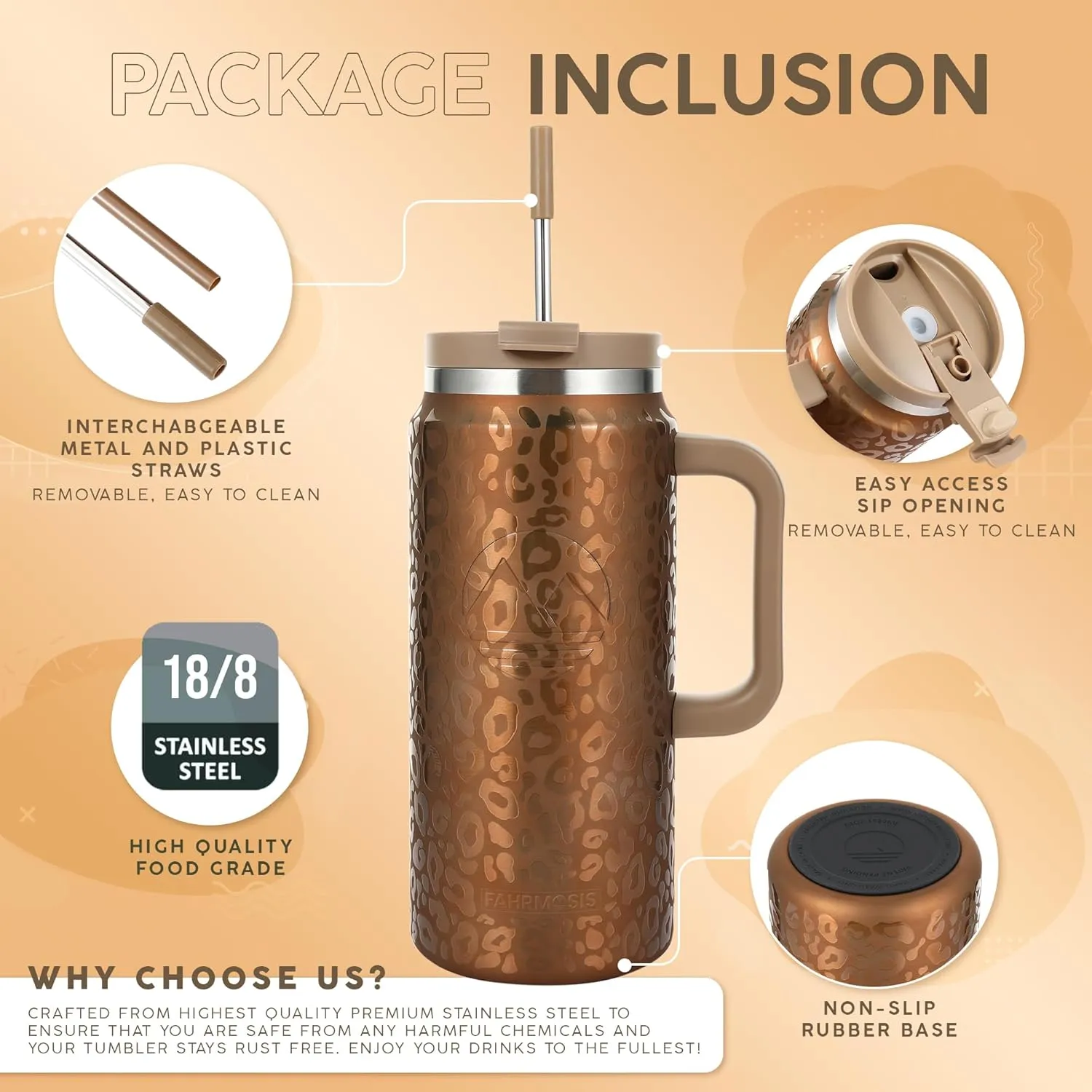 64 Oz Tumbler with Handle and Straw Half Gallon Water Bottle Stainless Steel Travel Mug for Hot & Cold Drinks, Reusable Water Bottle with Lids and Straw - Gold Leopard