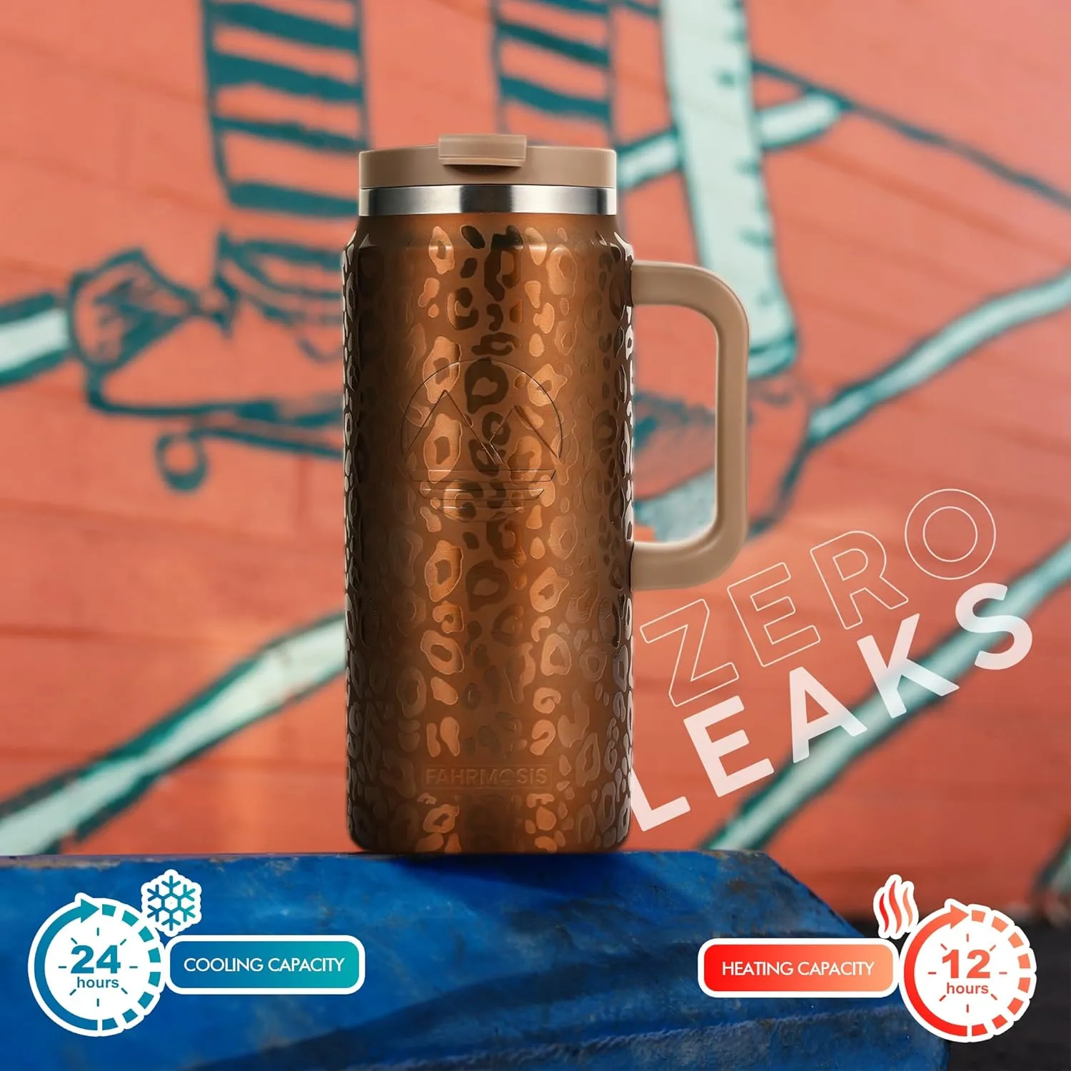 64 Oz Tumbler with Handle and Straw Half Gallon Water Bottle Stainless Steel Travel Mug for Hot & Cold Drinks, Reusable Water Bottle with Lids and Straw - Gold Leopard