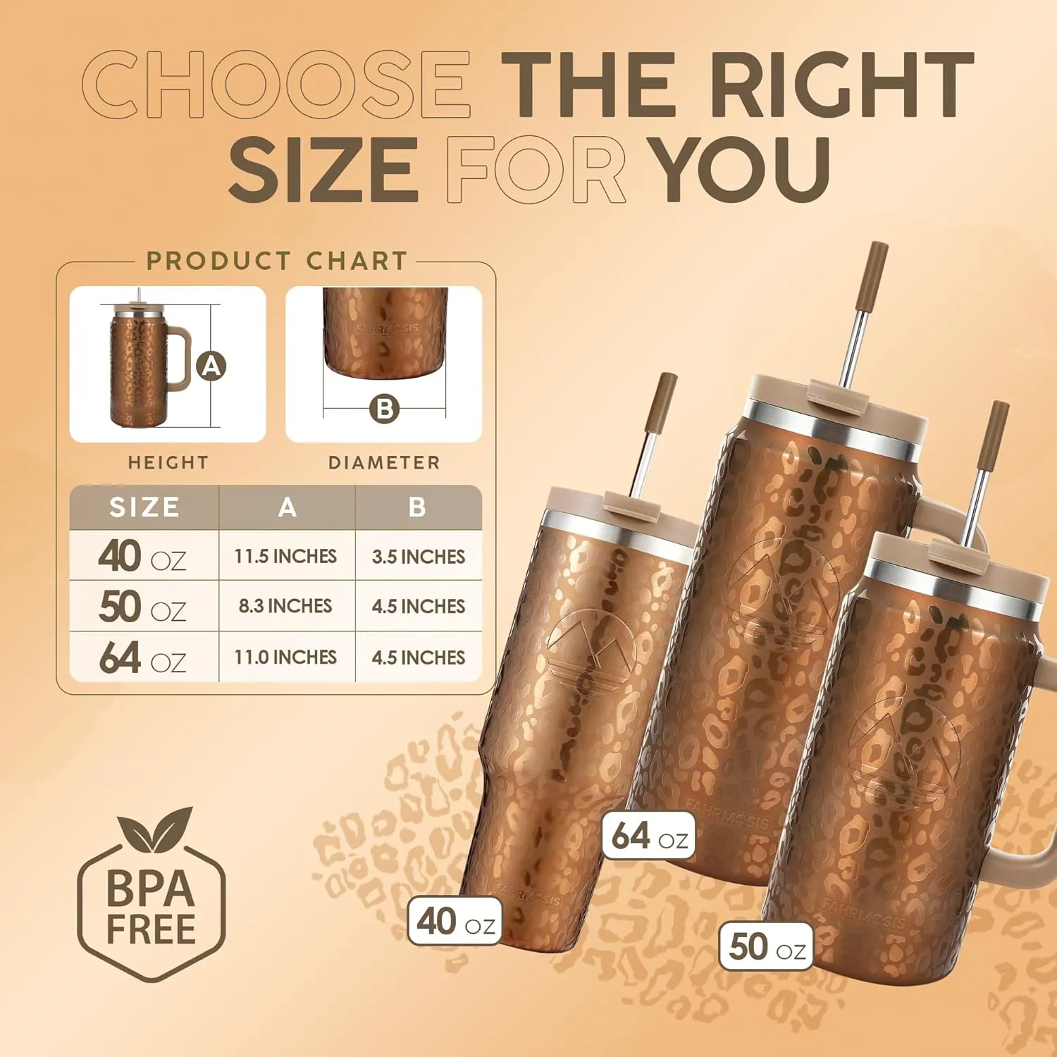 64 Oz Tumbler with Handle and Straw Half Gallon Water Bottle Stainless Steel Travel Mug for Hot & Cold Drinks, Reusable Water Bottle with Lids and Straw - Gold Leopard