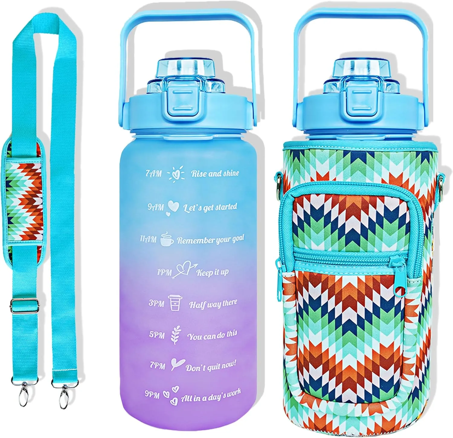 64 oz Water Bottle with Straw Sleeve & Strap Motivational Half Gallon Water Jug with Handle for Gym Women Men Aesthetic Water Bottle with Strap Multicolor Block