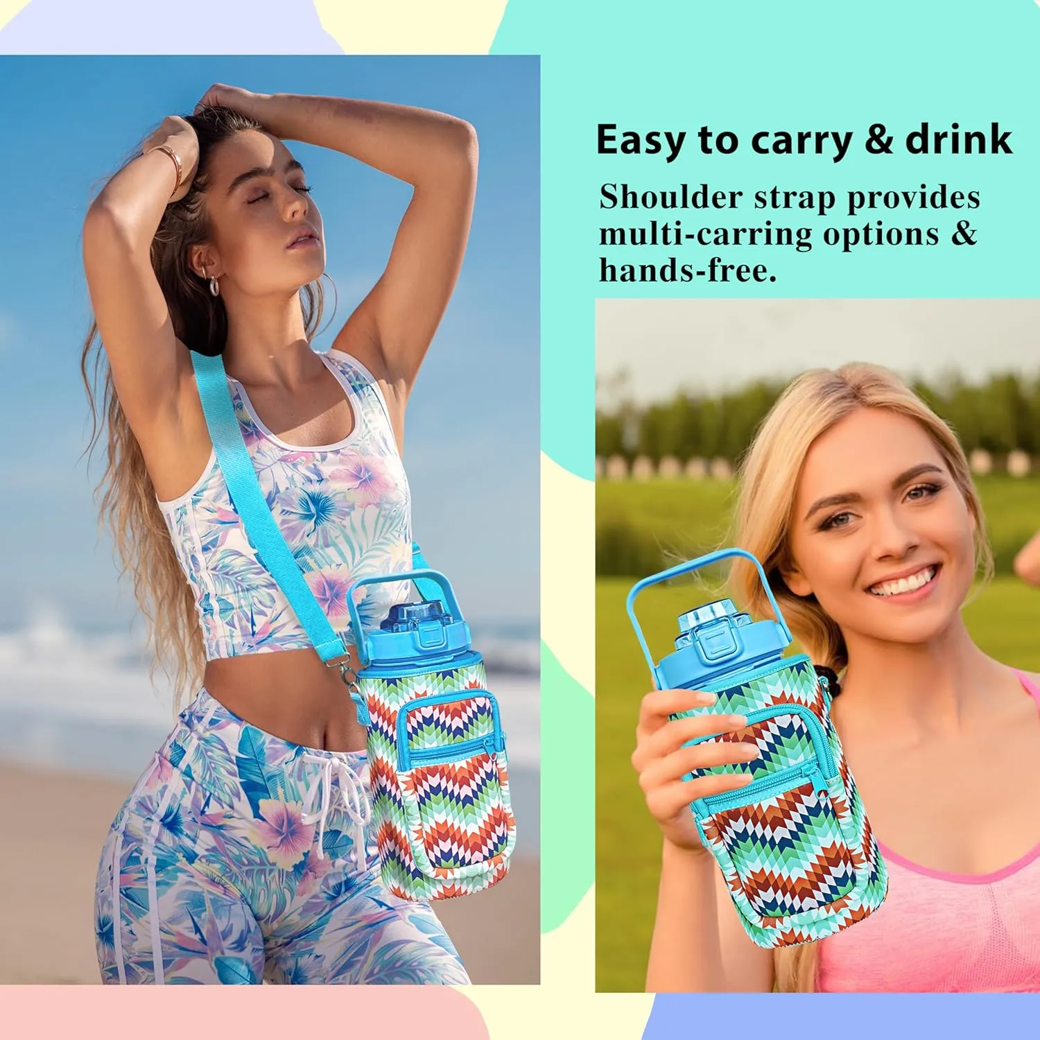 64 oz Water Bottle with Straw Sleeve & Strap Motivational Half Gallon Water Jug with Handle for Gym Women Men Aesthetic Water Bottle with Strap Multicolor Block