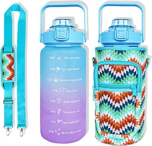 64 oz Water Bottle with Straw Sleeve & Strap Motivational Half Gallon Water Jug with Handle for Gym Women Men Aesthetic Water Bottle with Strap Multicolor Block