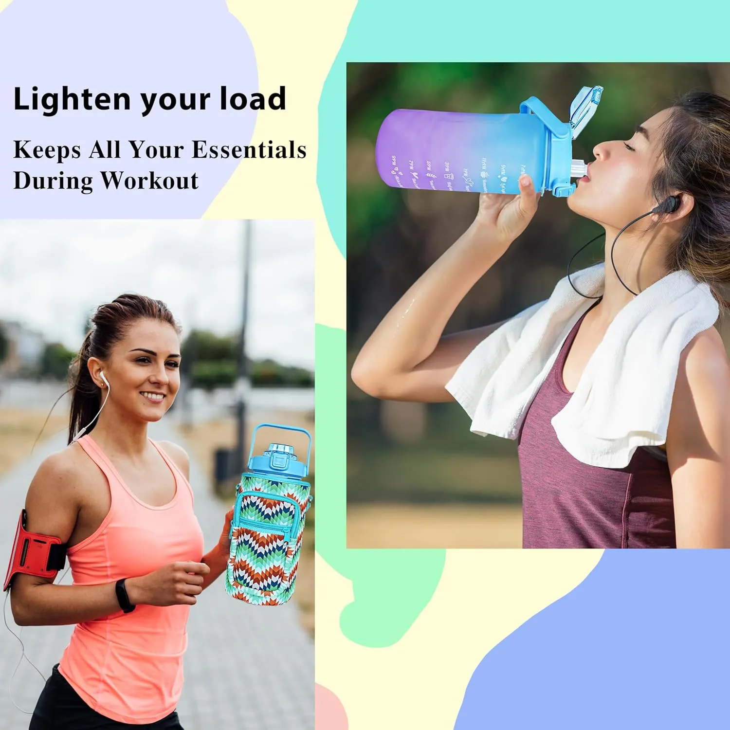 64 oz Water Bottle with Straw Sleeve & Strap Motivational Half Gallon Water Jug with Handle for Gym Women Men Aesthetic Water Bottle with Strap Multicolor Block