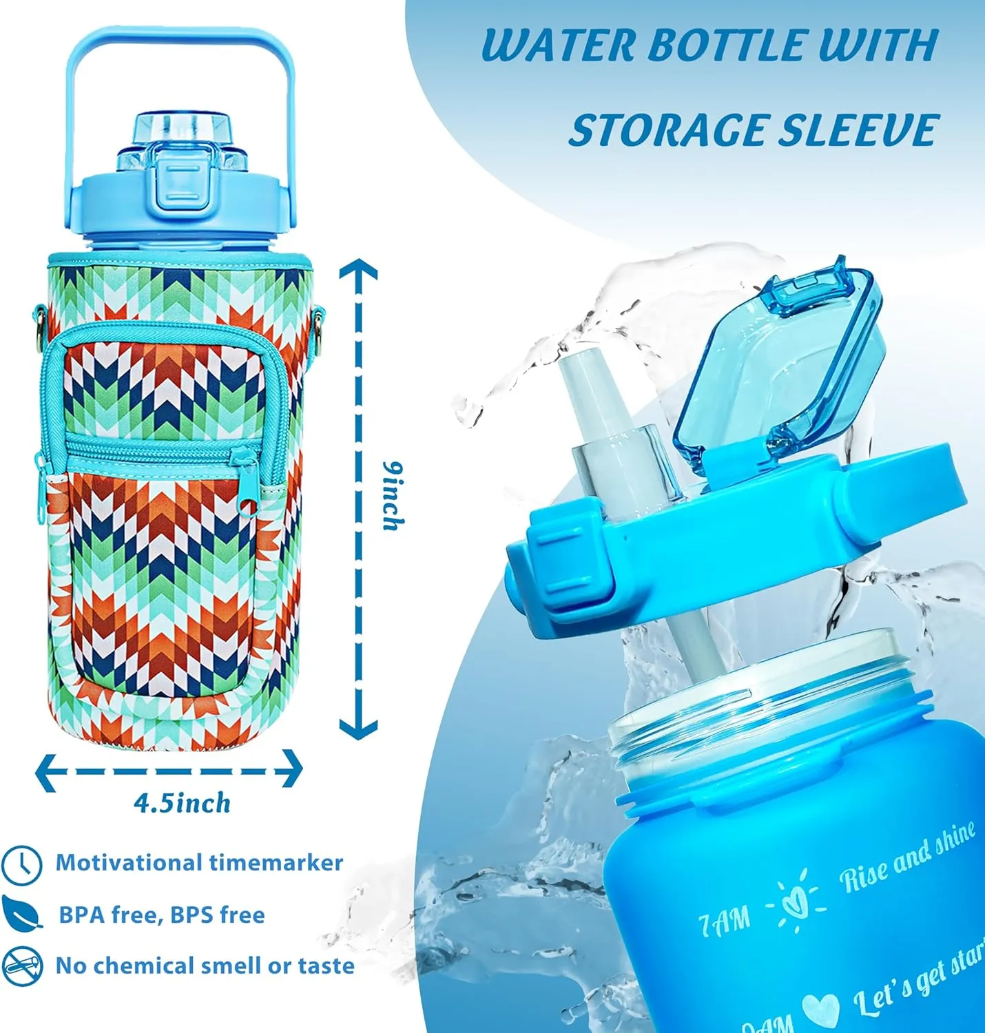 64 oz Water Bottle with Straw Sleeve & Strap Motivational Half Gallon Water Jug with Handle for Gym Women Men Aesthetic Water Bottle with Strap Multicolor Block