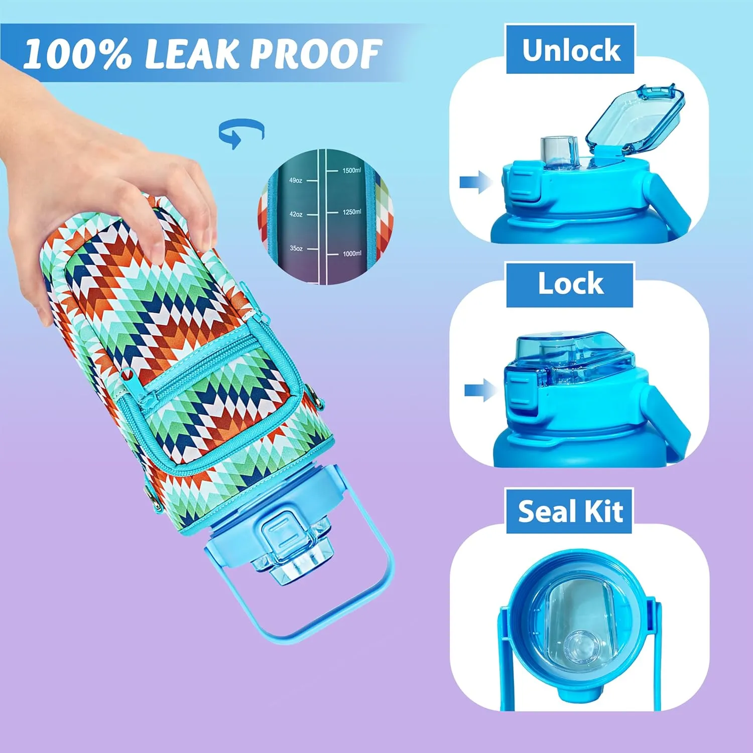64 oz Water Bottle with Straw Sleeve & Strap Motivational Half Gallon Water Jug with Handle for Gym Women Men Aesthetic Water Bottle with Strap Multicolor Block