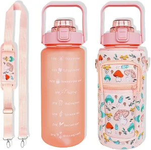 64 oz Water Bottle with Straw Sleeve & Strap Motivational Half Gallon Water Jug with Handle for Gym Women Men Aesthetic Water Bottle with Strap Mushroom Pink