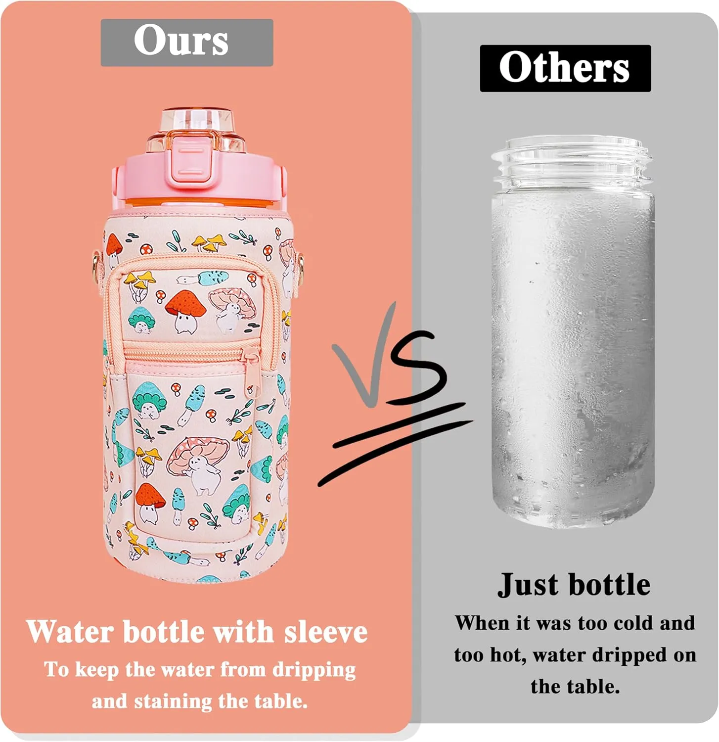 64 oz Water Bottle with Straw Sleeve & Strap Motivational Half Gallon Water Jug with Handle for Gym Women Men Aesthetic Water Bottle with Strap Mushroom Pink