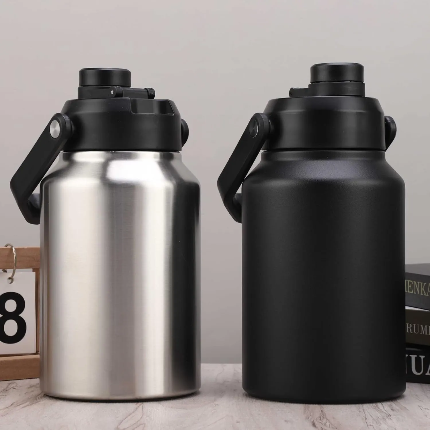 64oz 128oz Wide Mouth Insulated Vacuum Water Bottle Jug With Handle, Gallon Stainless Steel Ice Bucket Travel Mug Large Sports Canteen (64oz,black)