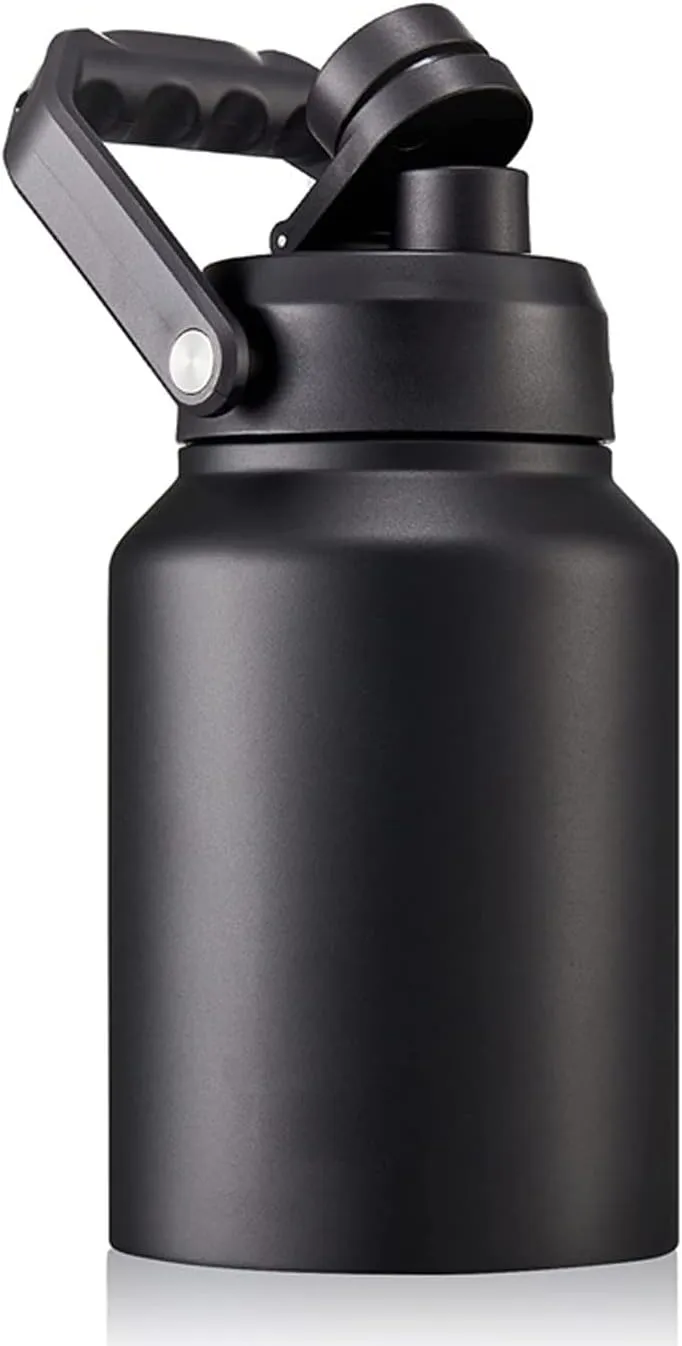 64oz 128oz Wide Mouth Insulated Vacuum Water Bottle Jug With Handle, Gallon Stainless Steel Ice Bucket Travel Mug Large Sports Canteen (64oz,black)