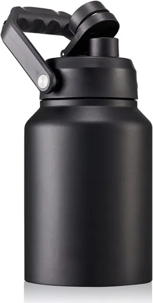 64oz 128oz Wide Mouth Insulated Vacuum Water Bottle Jug With Handle, Gallon Stainless Steel Ice Bucket Travel Mug Large Sports Canteen (64oz,black)
