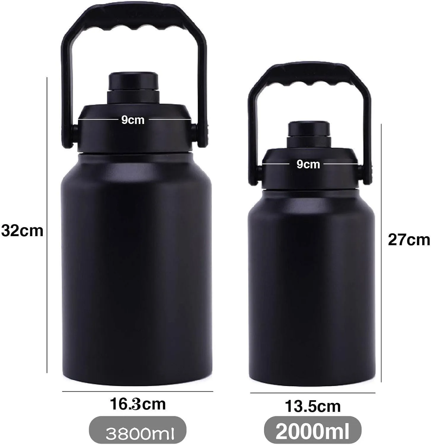 64oz 128oz Wide Mouth Insulated Vacuum Water Bottle Jug With Handle, Gallon Stainless Steel Ice Bucket Travel Mug Large Sports Canteen (64oz,black)