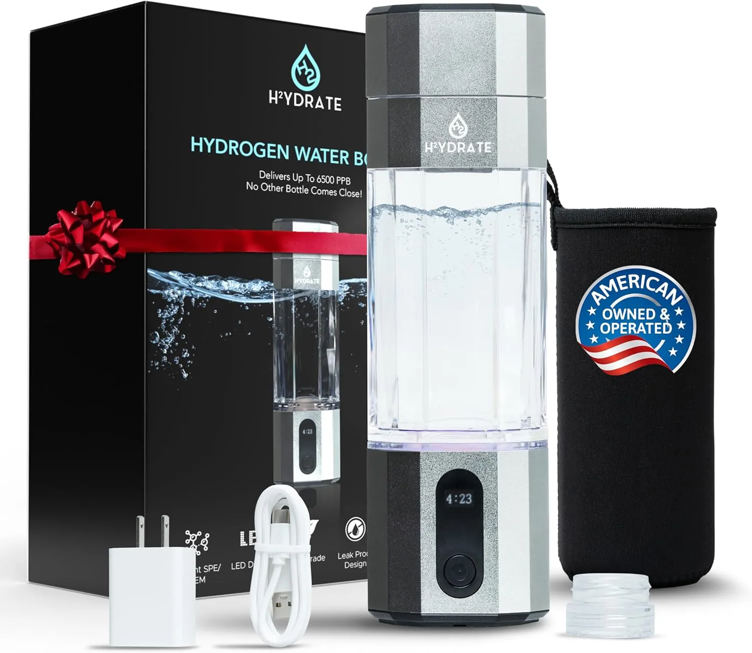 6500 ppb Hydrogen Water Bottle Generator w/Easy to Carry Bottle Bag, US Plastic Water Bottle Adaptor & Charger - Hydrogenated Water Bottle, Advanced SPE/PEM Technology & 7 led Colors