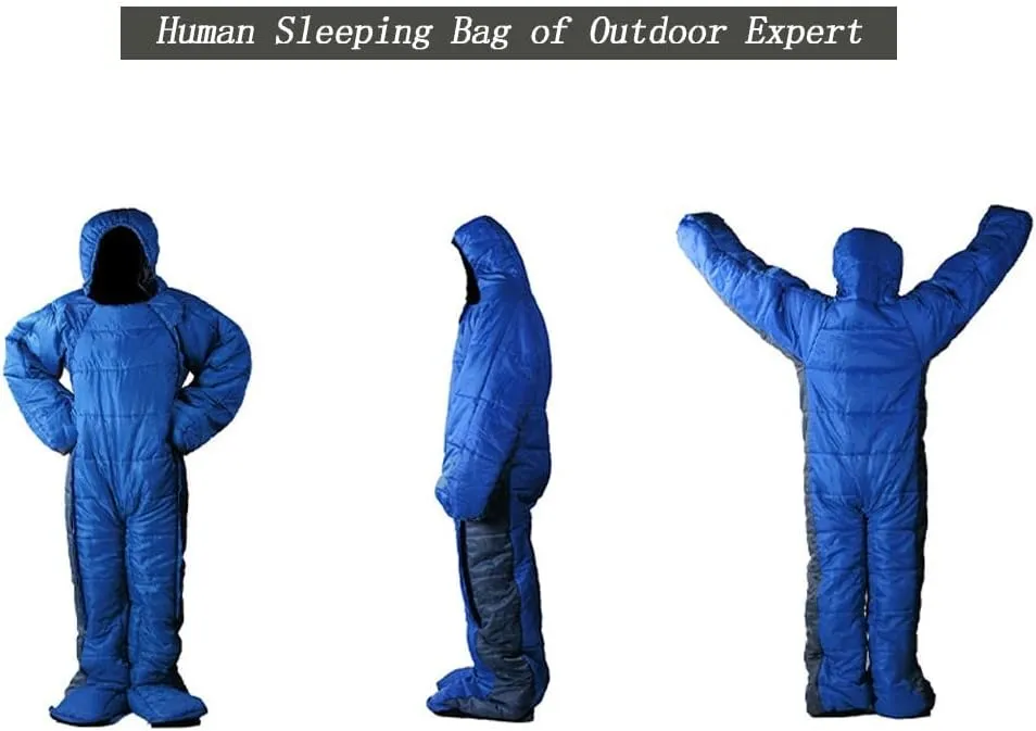 72" Large Wearable Human Sleeping Bag Zipped Foot Opening Design Free Size Ultralight Hoodie Quilted Warm Thermal Coat for Adults Winter or Outdoor 4 Season Camping
