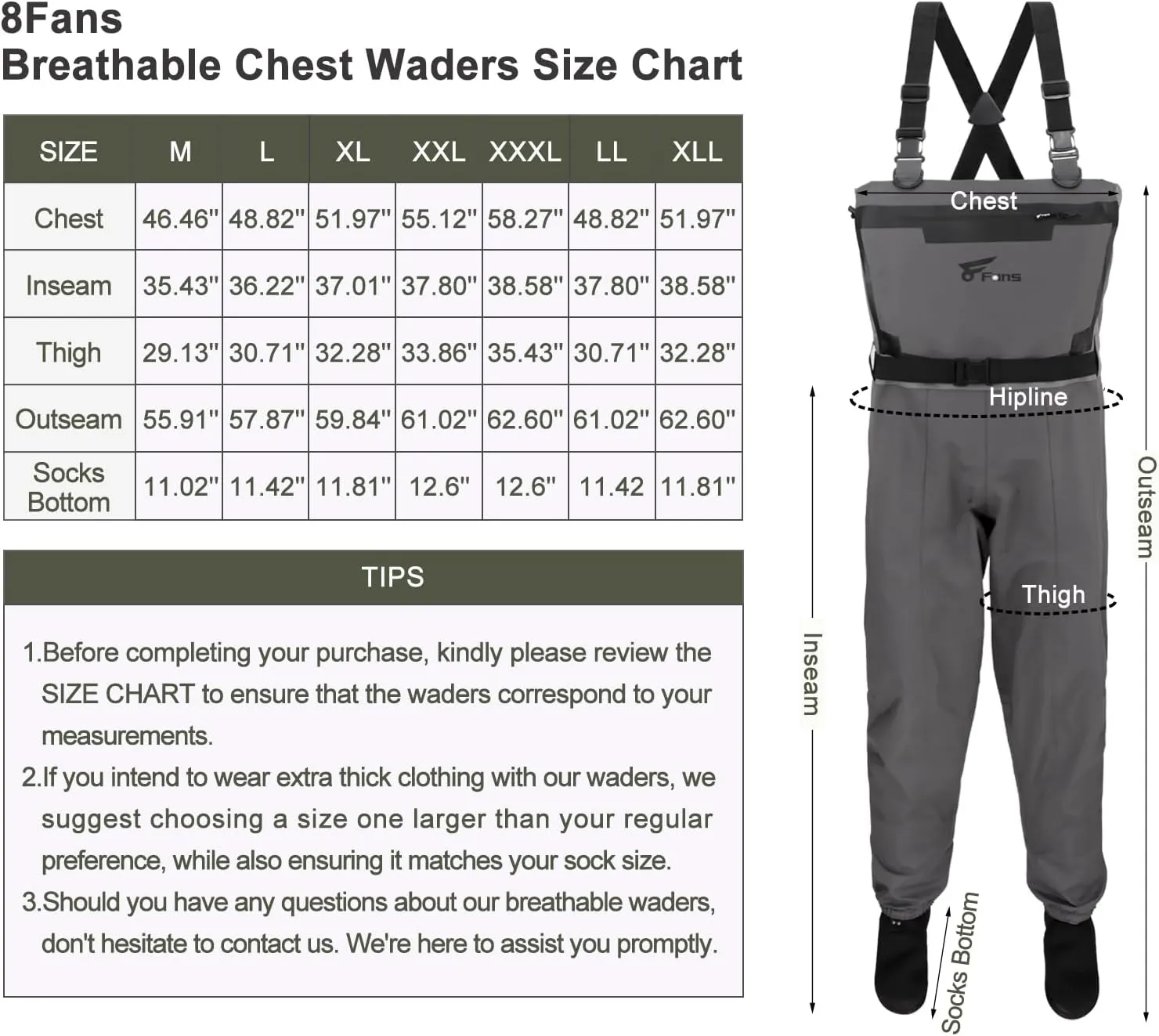8 Fans Fishing Chest Waders for Men and Women, Waterproof Breathable Stockingfoot Wader -3 Layer Neoprene/Lightweight/Hunting