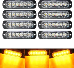 8-Pack 6 LED Amber Strobe Lights Vehicles Trucks Emergency Strobe Lights Kit 12V -24V Warning Hazard Flash Strobe Lights Bar Grill Grille Surface Mount Super Bright Waterproof