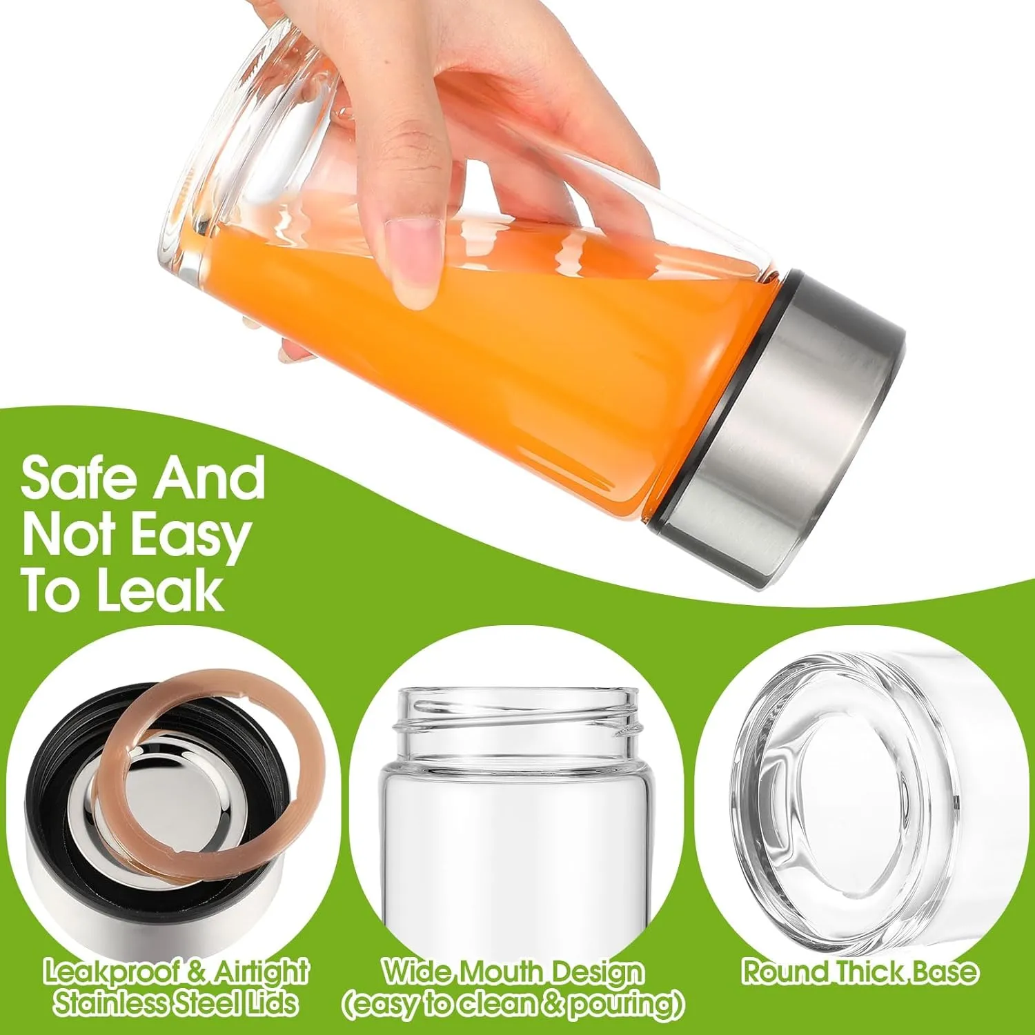 8 Pcs 10 oz Wide Mouth Glass Water Bottles Reusable Glass Juice Bottles with Lids Leakproof Juicing Jars with Silver Lids for Fridge Milk Juicing Smoothies Infused Water Beverage Kombucha Tea Drinking