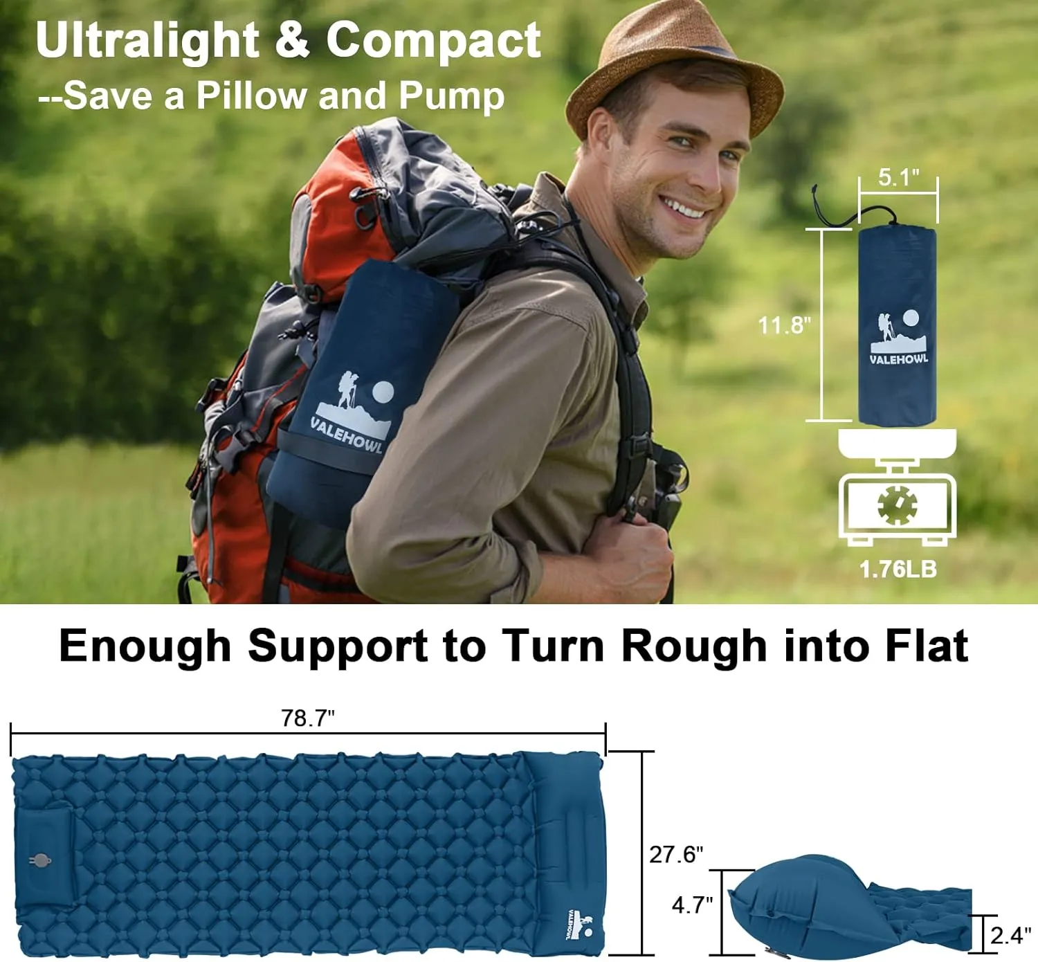 800g Ultralight Inflatable Sleeping Pad for Camping, with Foot Pump and Pillow, Compact Camping Mattress for Outdoors, Backpacking, Hiking