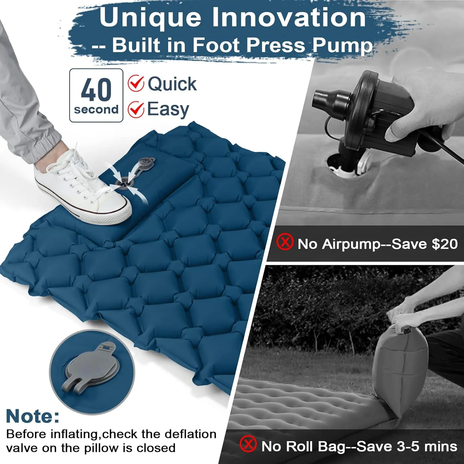 800g Ultralight Inflatable Sleeping Pad for Camping, with Foot Pump and Pillow, Compact Camping Mattress for Outdoors, Backpacking, Hiking