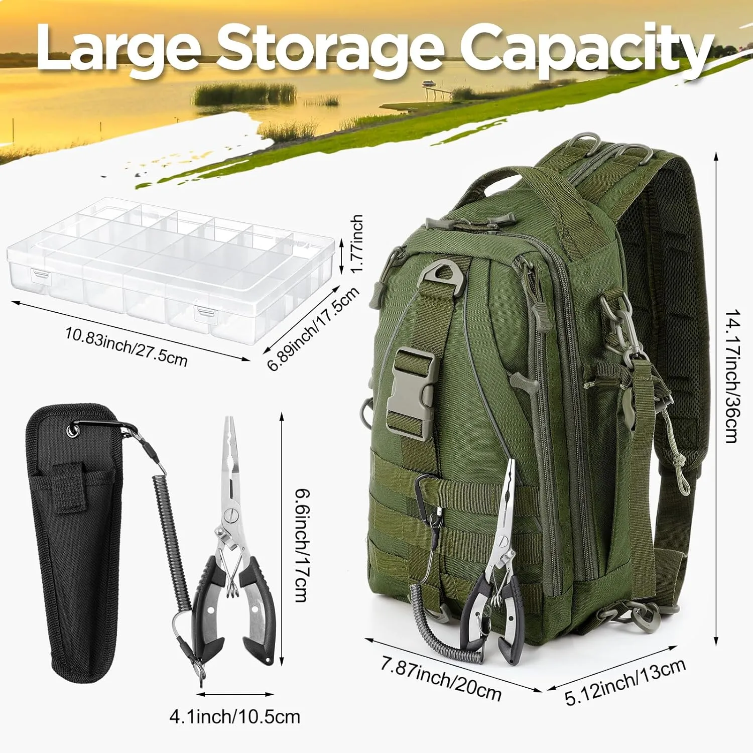 85 Pcs Fishing Backpack with Tackle Boxes, Tackle Sling Bag with Rod Holder, Fishing Lures Kit and Pliers Set for Men Women