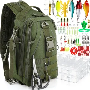 85 Pcs Fishing Backpack with Tackle Boxes, Tackle Sling Bag with Rod Holder, Fishing Lures Kit and Pliers Set for Men Women
