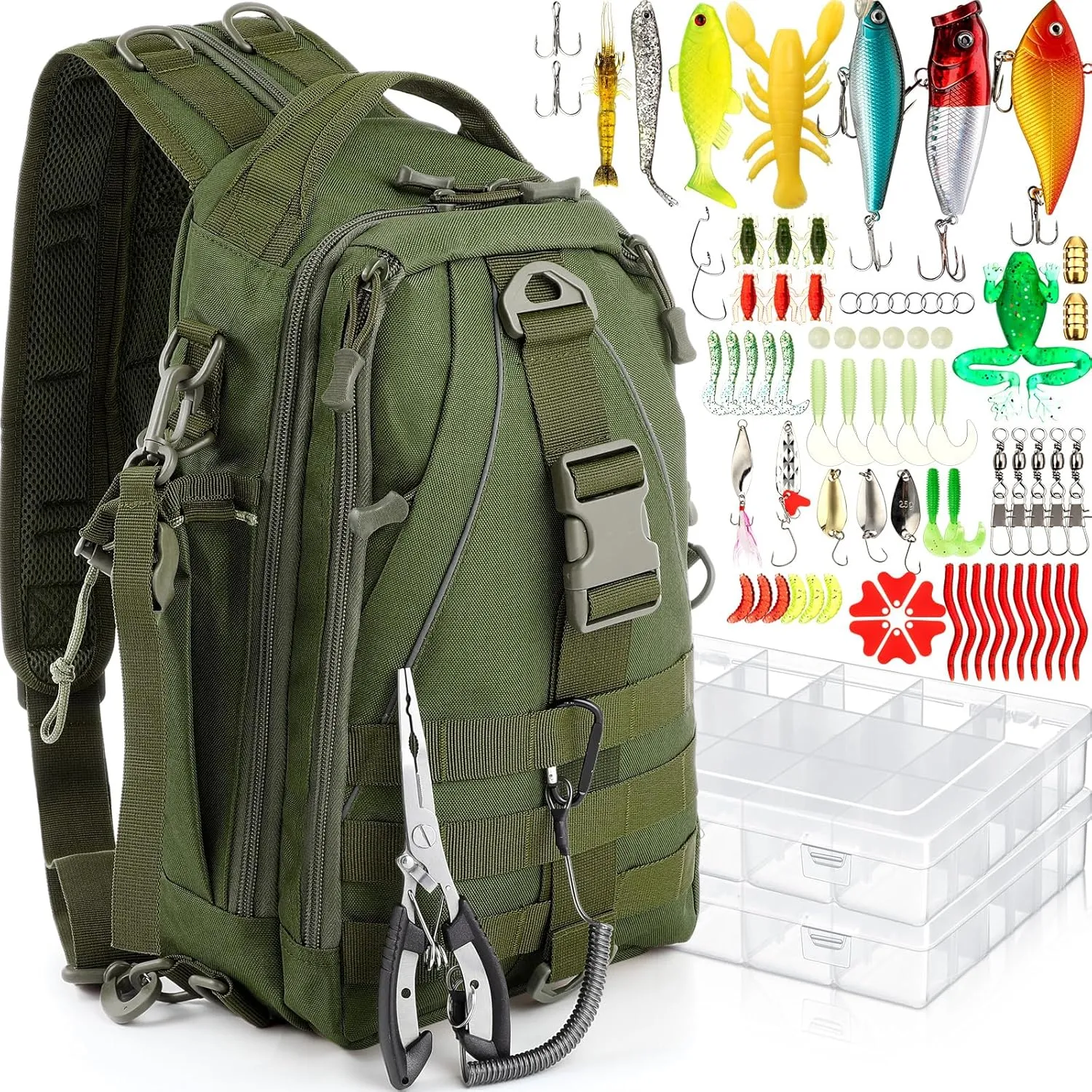 85 Pcs Fishing Backpack with Tackle Boxes, Tackle Sling Bag with Rod Holder, Fishing Lures Kit and Pliers Set for Men Women
