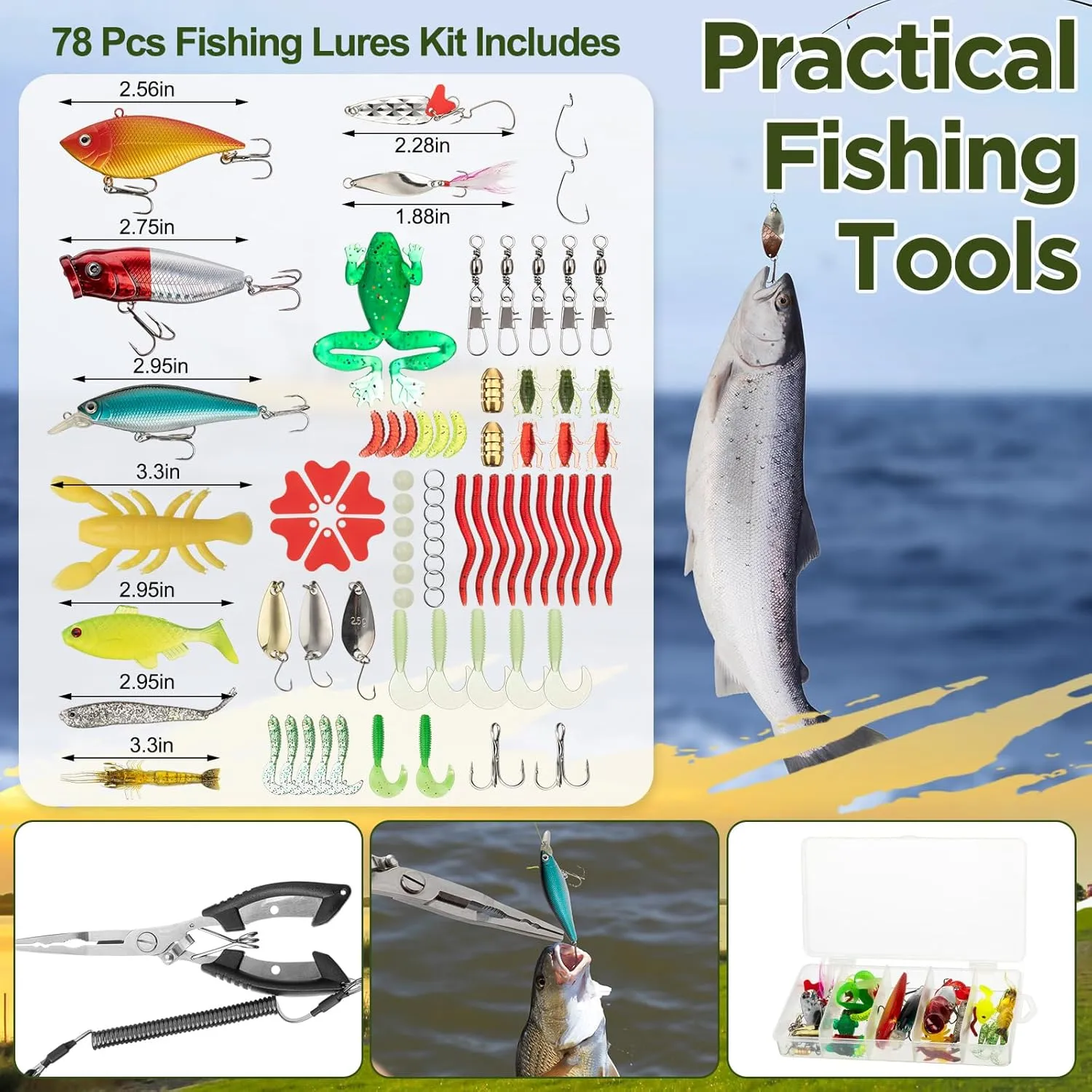 85 Pcs Fishing Backpack with Tackle Boxes, Tackle Sling Bag with Rod Holder, Fishing Lures Kit and Pliers Set for Men Women
