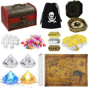 85 Pieces Pirate Treasure Toys, Light-Up Diving Gem Colorful Pool Acrylic Diamonds Treasure Chest Gold Coins Pirate Map Compass for Adventures Summer Pool
