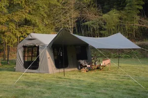 9.8x13ft Inflatable Camping Tent with Canopy & Hand Pump-Easy Setup, Windproof, Army Green Air Glamping Tent for Outdoor Adventures (1 Doors)
