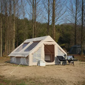 9.8x13ft Inflatable Luxury Camping Tent, Waterproof & Windproof, 4-Season Oxford Cabin Tent with Mesh & Chimney Window, Easy Setup, Manual Pump, Army Green Outdoor Tent (Beige)