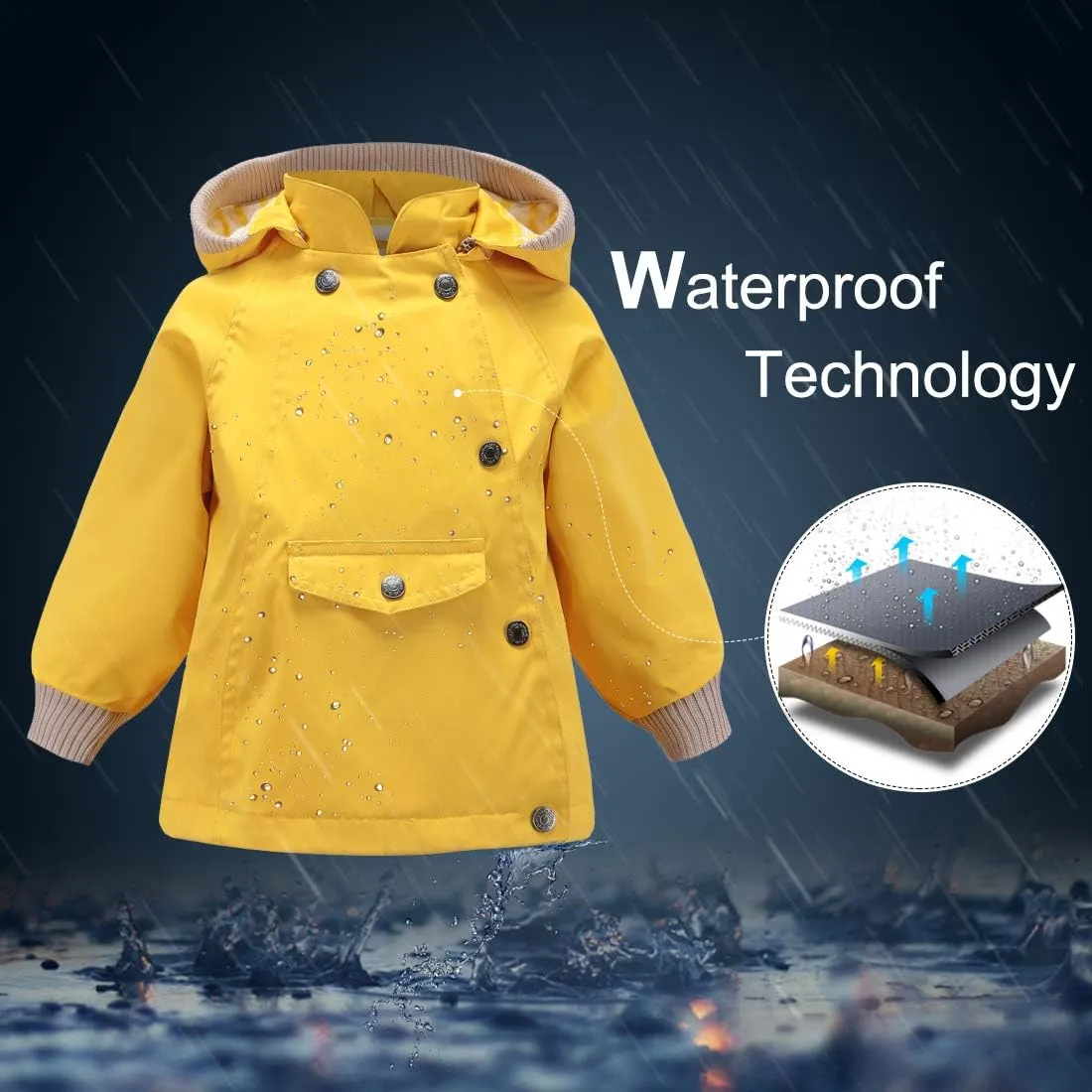 ACESTAR Boys Girls Waterproof Hooded Rain Jacket Kids Cotton Lined Rain Coat Toddler Windbreaker Spring Fall Raincoat