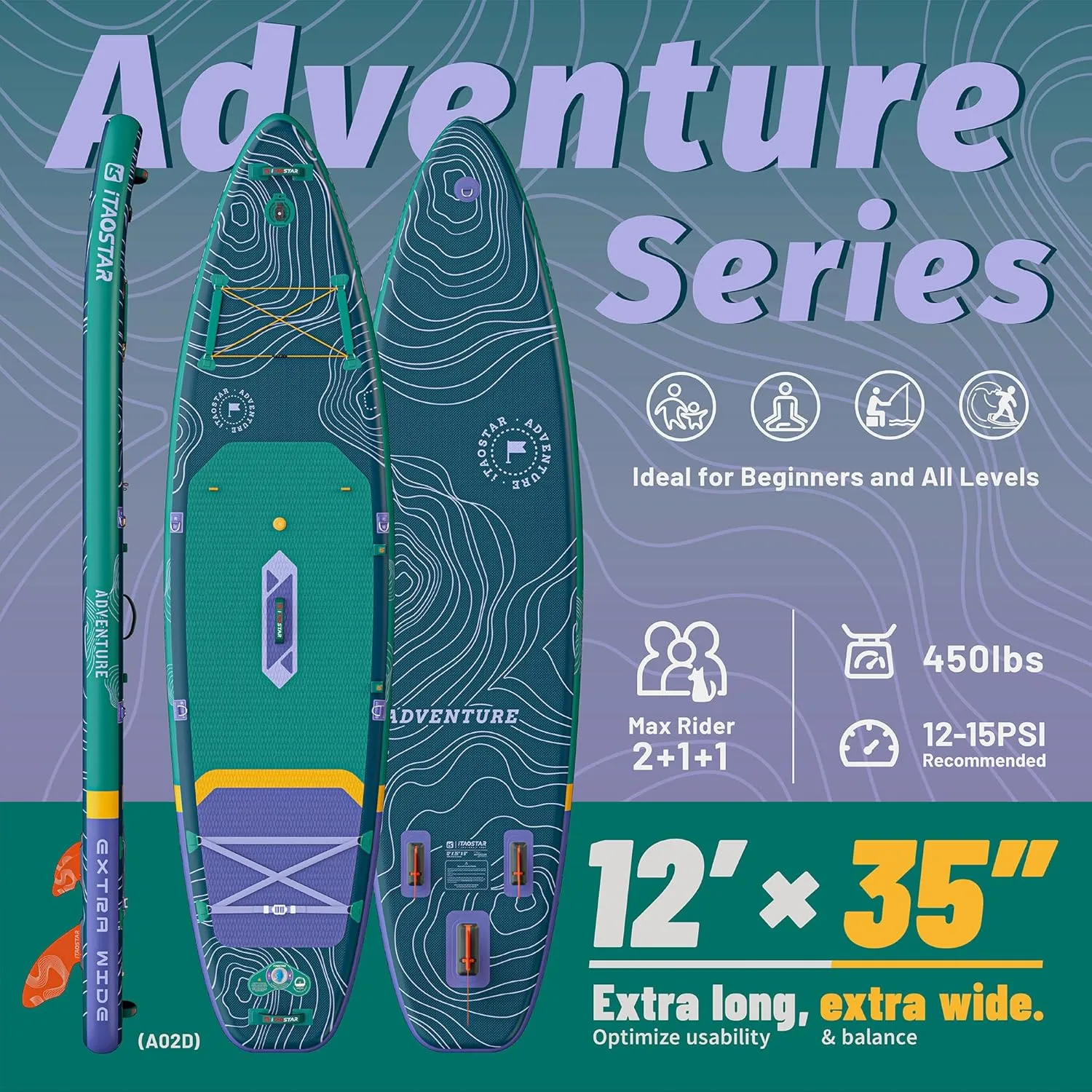 Adventure 12’×35"/39" Extra Wide Paddle Board, One-Stop Premium SUP Board Accessories, Tailored 5 Fins, Stable Inflatable Stand Up Paddle Boards for Youth/Adults of All Skill Levels