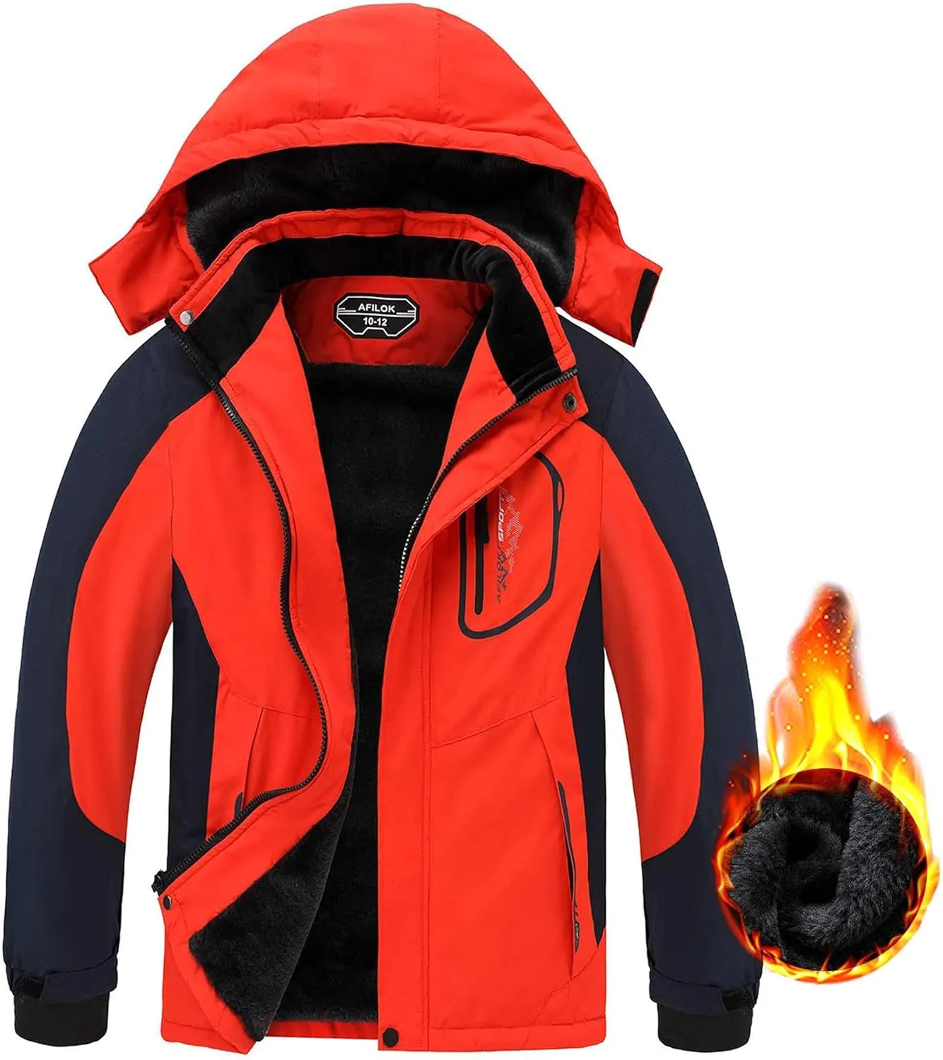AFILOK Boy's Ski Jacket Waterproof Breathable Kids Fleece Lined Windproof Hooded Snowboard Coats