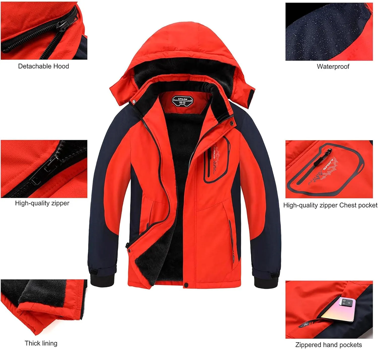 AFILOK Boy's Ski Jacket Waterproof Breathable Kids Fleece Lined Windproof Hooded Snowboard Coats