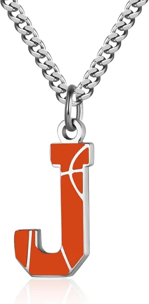 AIAINAGI Basketball Letter Necklace - Men's Basketball Charm Pendant, Stainless Steel Silver Chain, 22 inch Personalized Gift