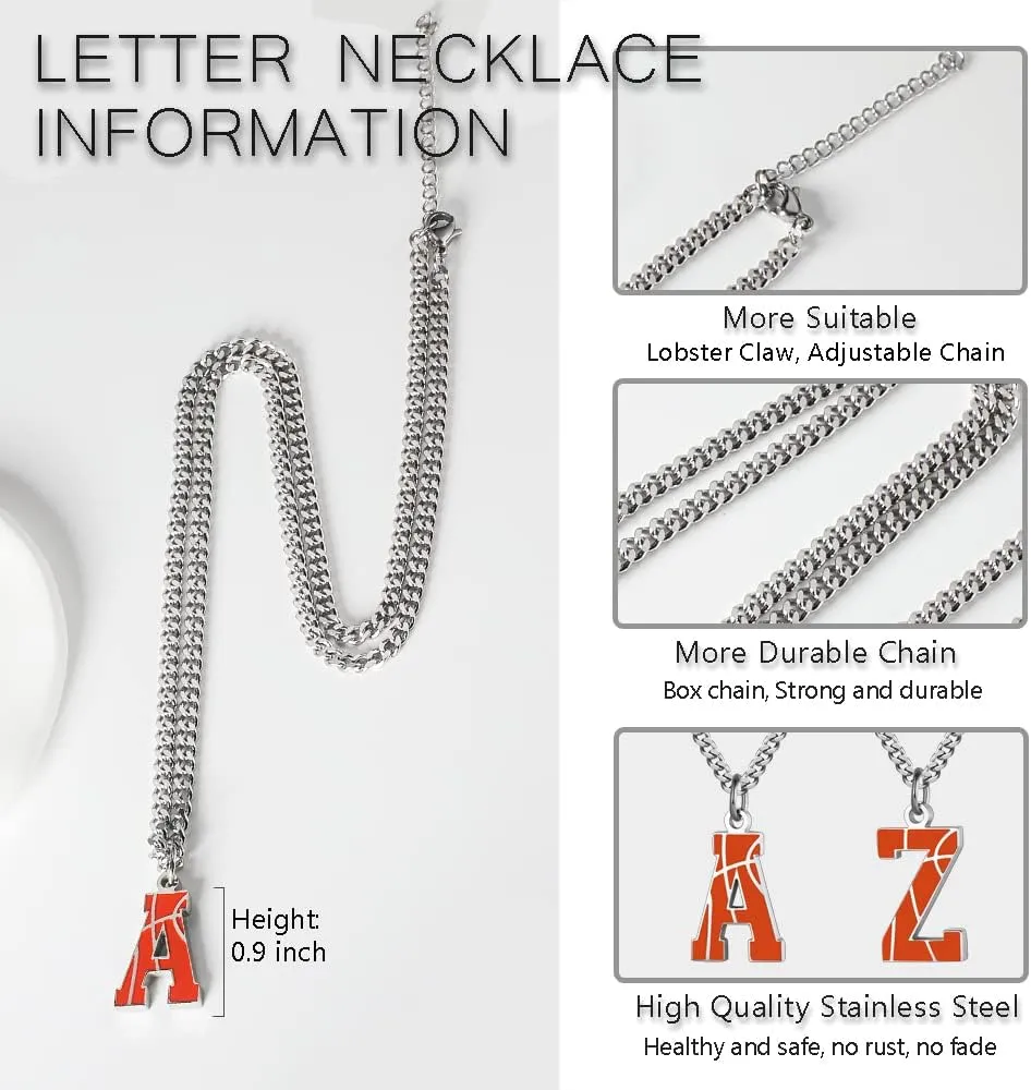 AIAINAGI Basketball Letter Necklace - Men's Basketball Charm Pendant, Stainless Steel Silver Chain, 22 inch Personalized Gift