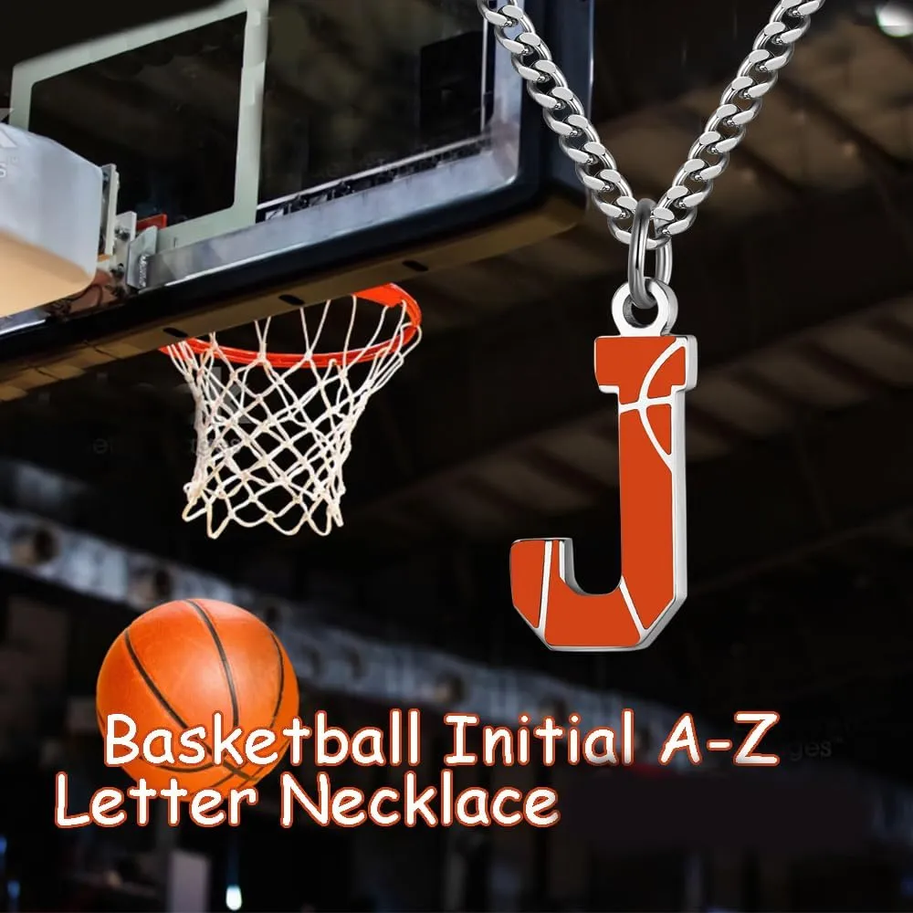 AIAINAGI Basketball Letter Necklace - Men's Basketball Charm Pendant, Stainless Steel Silver Chain, 22 inch Personalized Gift