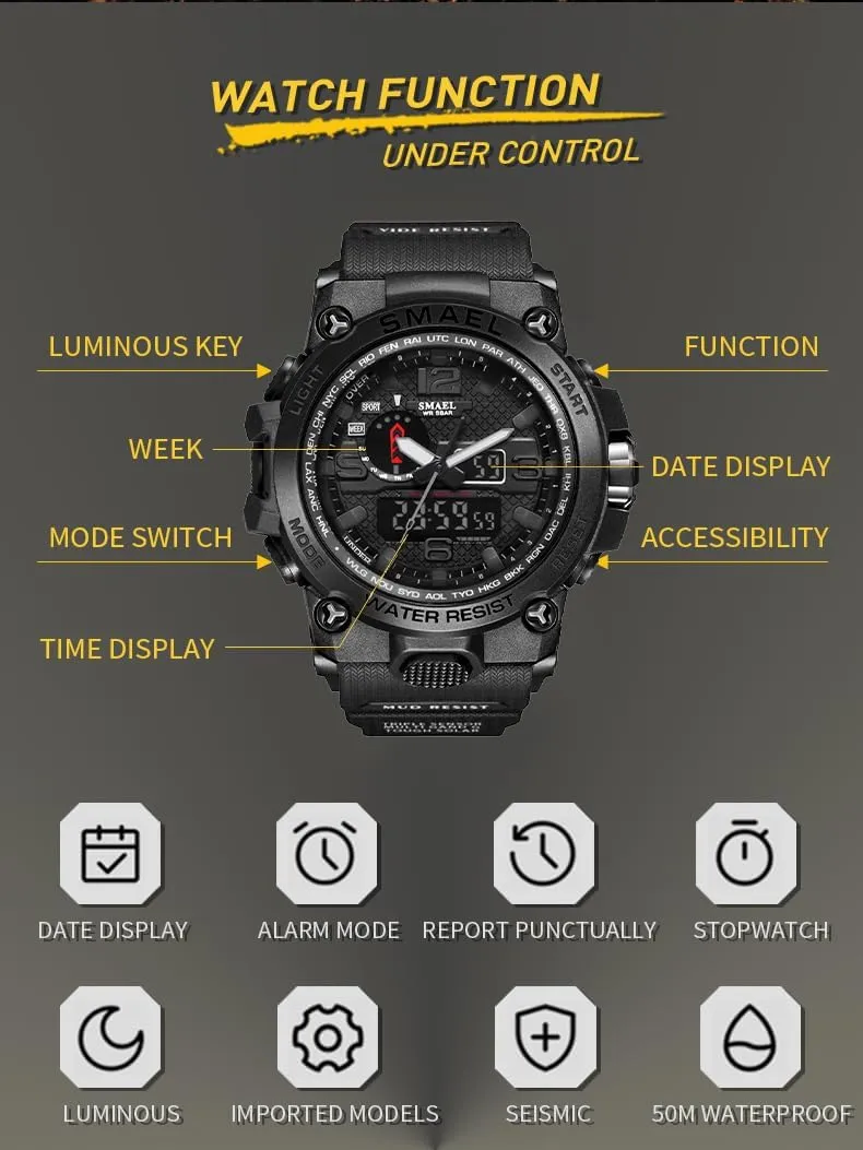 AIMES Men's Watches Sports Outdoor Waterproof Military Watch for Men Large Dual Time Zone Date Multi Function Casual Work Wristwatch Tactics LED Alarm Stopwatch