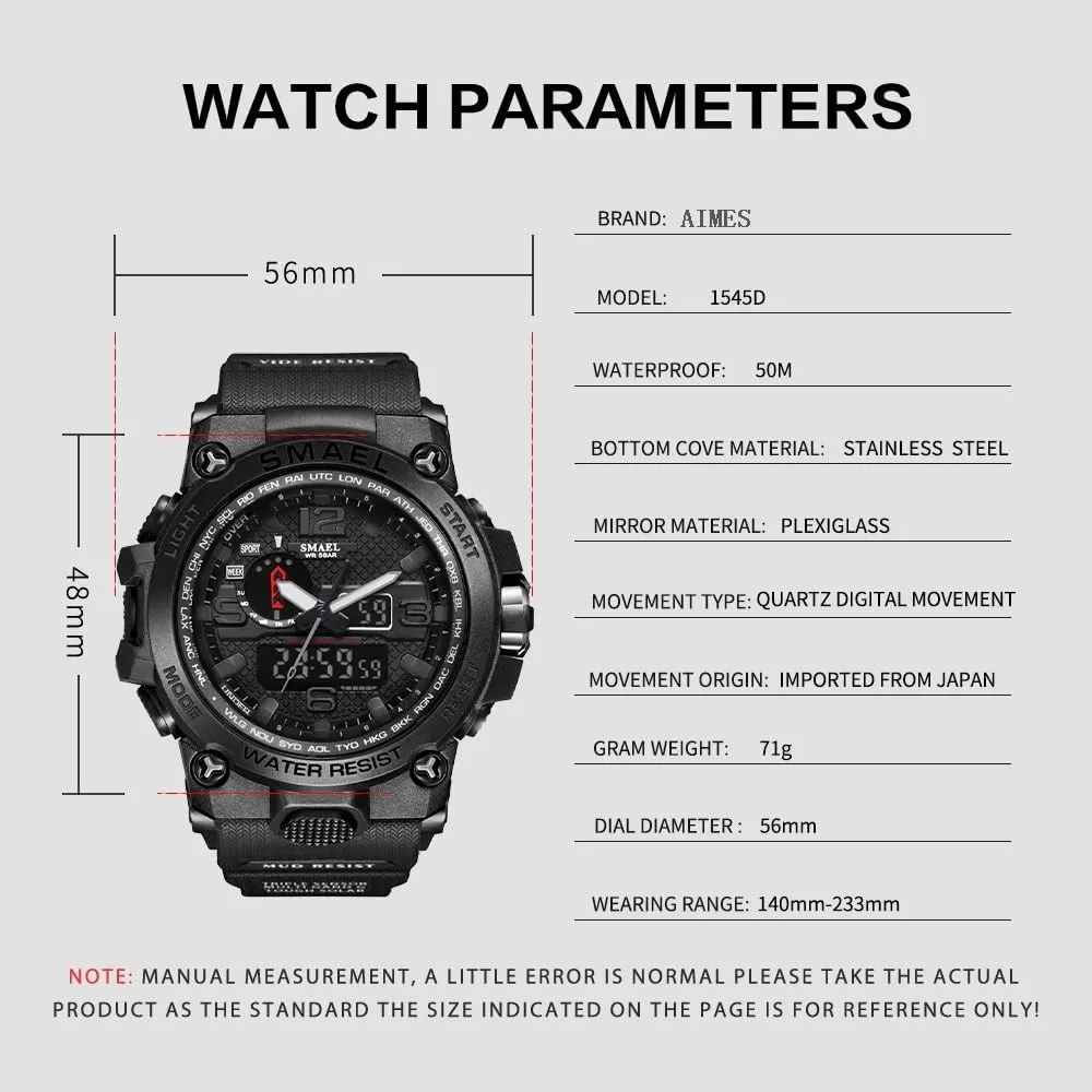 AIMES Men's Watches Sports Outdoor Waterproof Military Watch for Men Large Dual Time Zone Date Multi Function Casual Work Wristwatch Tactics LED Alarm Stopwatch