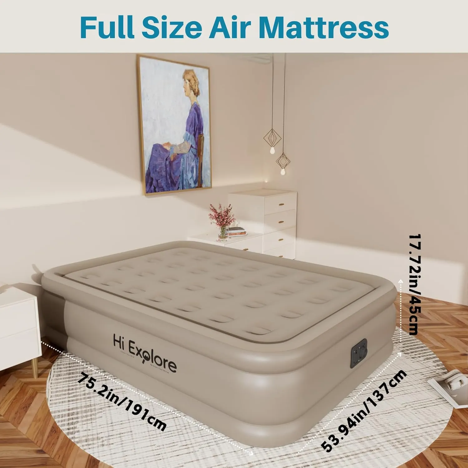 Air Mattress Full with Built in Pump Raised, with Comfortable Plush, Inflatable Blow Up Mattress, Portable Airbed for Home, Guests, Camping(Khaki, 18” Height)