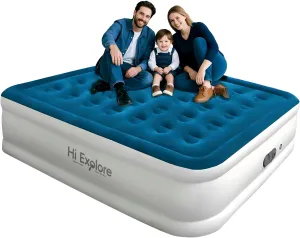 Air Mattress Queen with Built in Pump Raised, with Comfort Plush, Inflatable Blow Up Mattress, Portable Air Bed for Home, Guests, Camping,(Blue, 18” Height)