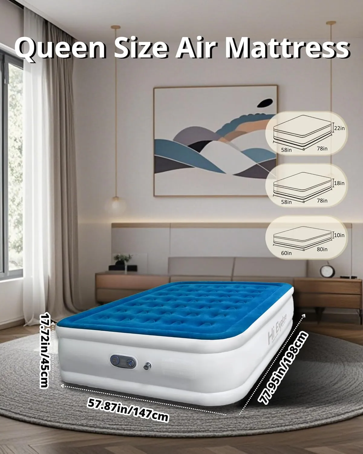 Air Mattress Queen with Built in Pump Raised, with Comfort Plush, Inflatable Blow Up Mattress, Portable Air Bed for Home, Guests, Camping,(Blue, 18” Height)