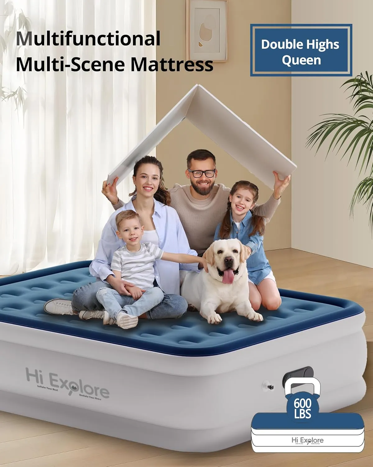 Air Mattress Queen with Built in Pump Raised, with Comfort Plush, Inflatable Blow Up Mattress, Portable Air Bed for Home, Guests, Camping,(Blue, 18” Height)