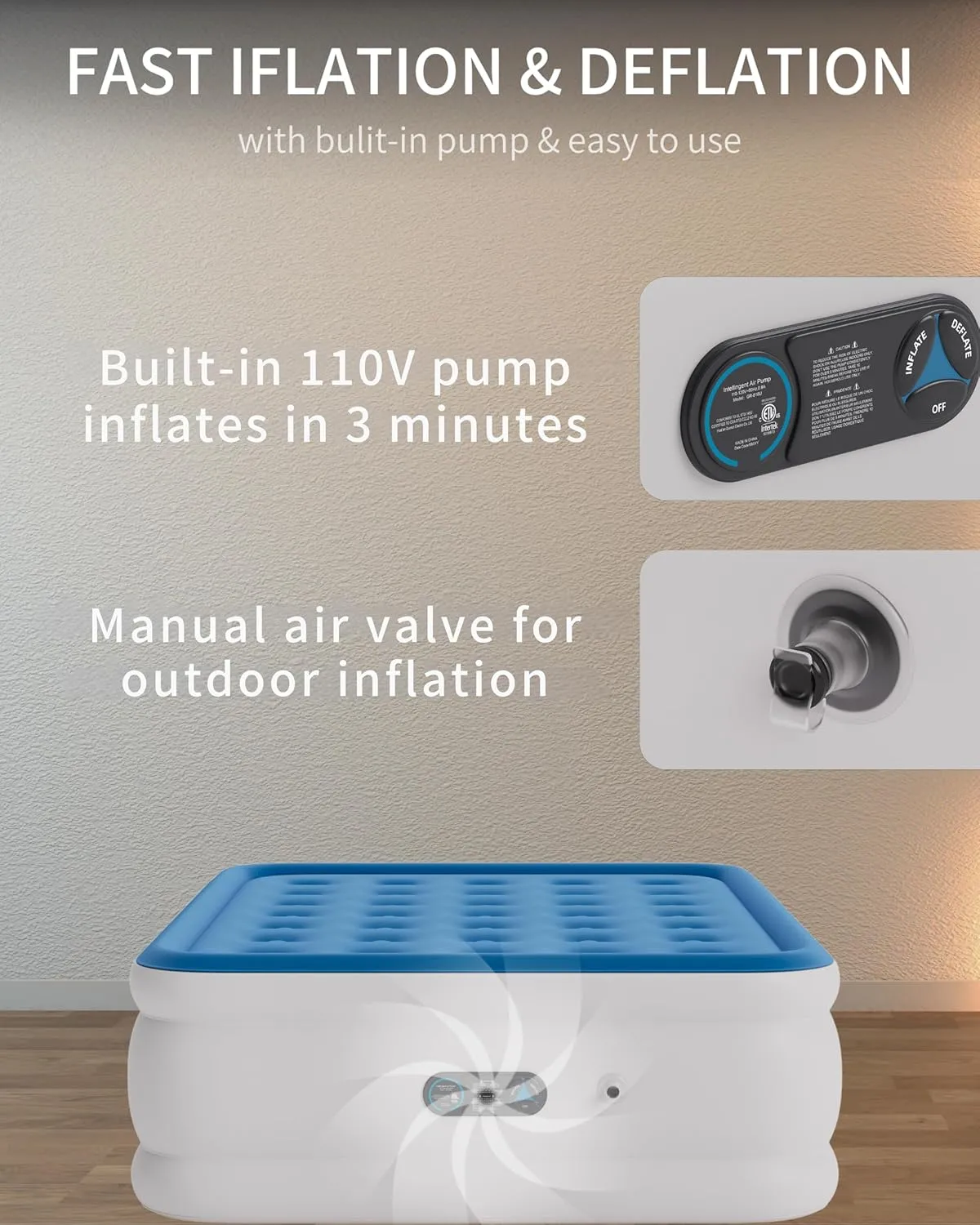 Air Mattress Queen with Built in Pump Raised, with Comfort Plush, Inflatable Blow Up Mattress, Portable Air Bed for Home, Guests, Camping,(Blue, 18” Height)